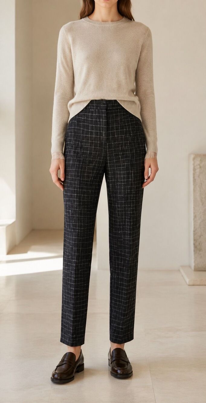Akris Punto 100% Wool Windowpane Plaid Straight Leg Pants, Sz 4, $995 A29